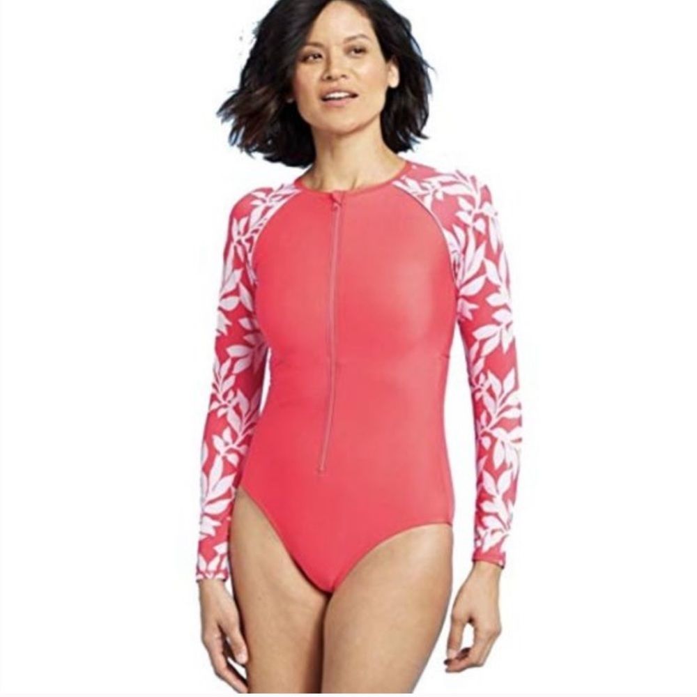 All In Motion Floral Rashguard One Piece Swim Suit Modest Sun Protection M